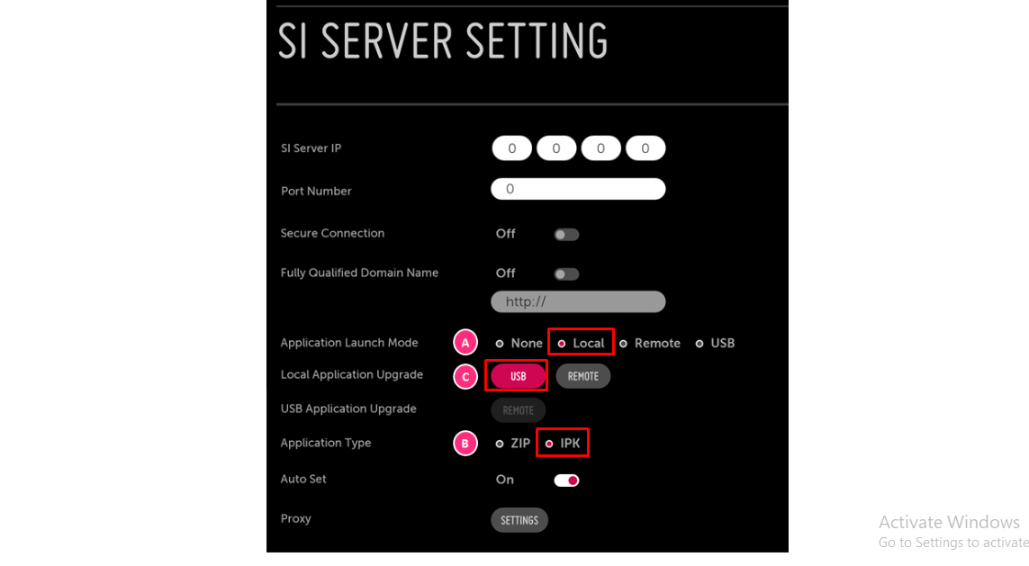 Configure SI Server settings for USB upgrade